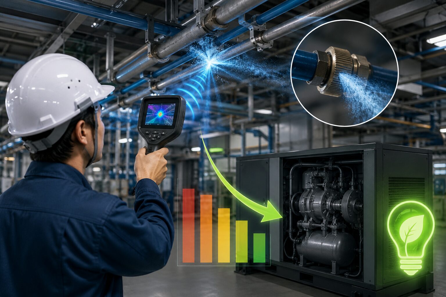 エア漏れテスターによる配管ロスの可視化とコンプレッサーの電力削減