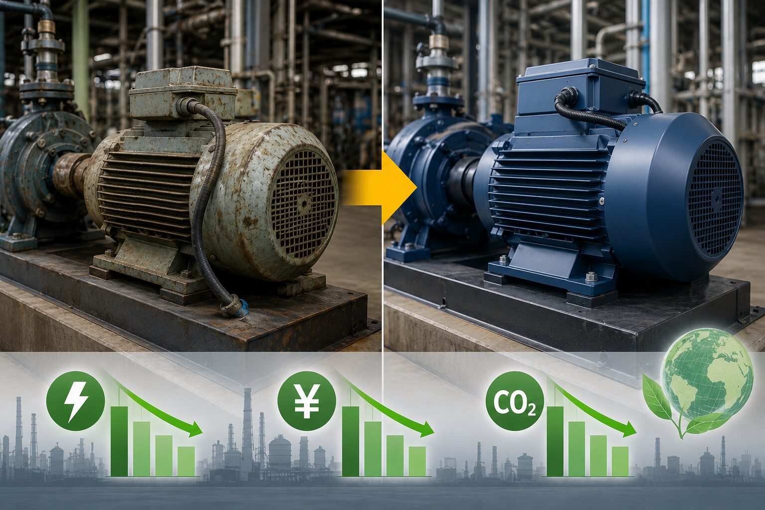 IE1からIE3モーターへの更新による電気代とCO2排出量の削減